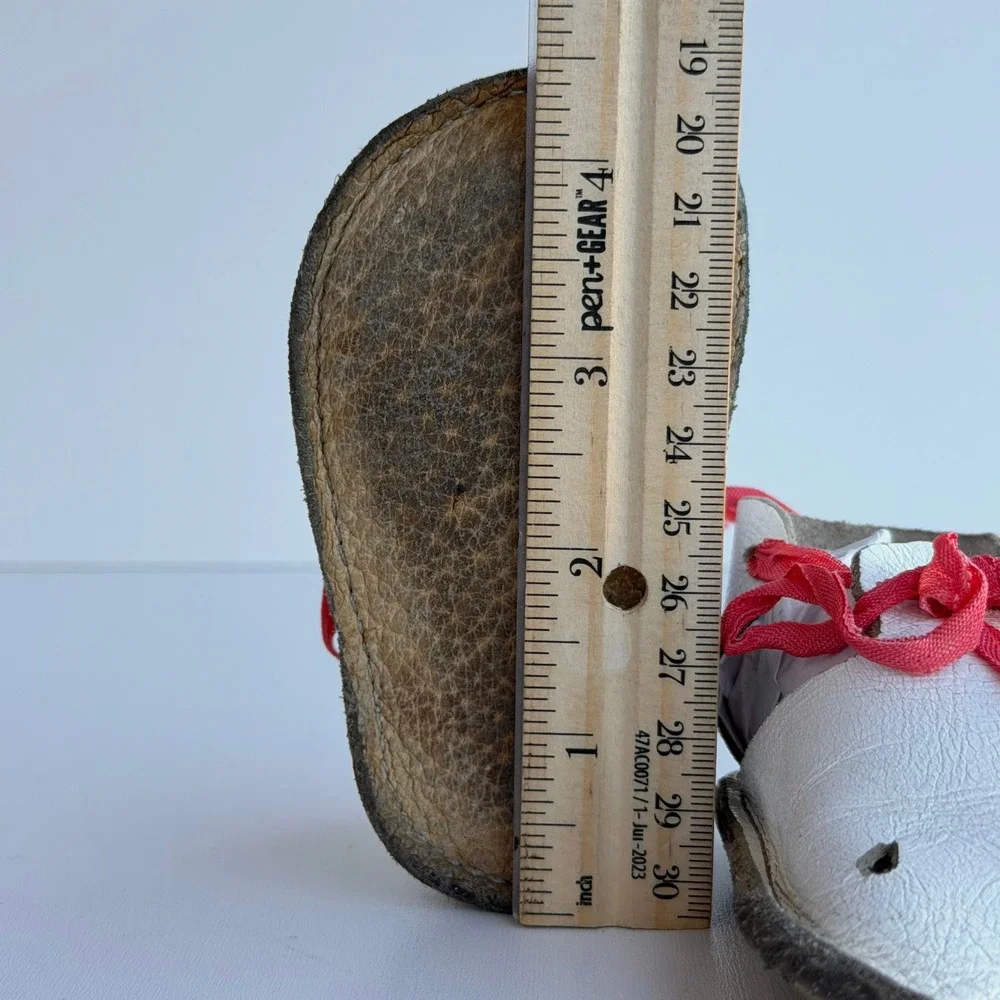 Vintage Baby Shoes Girls 3.5C White Leather Pink Ribbon Crib Shoes‎